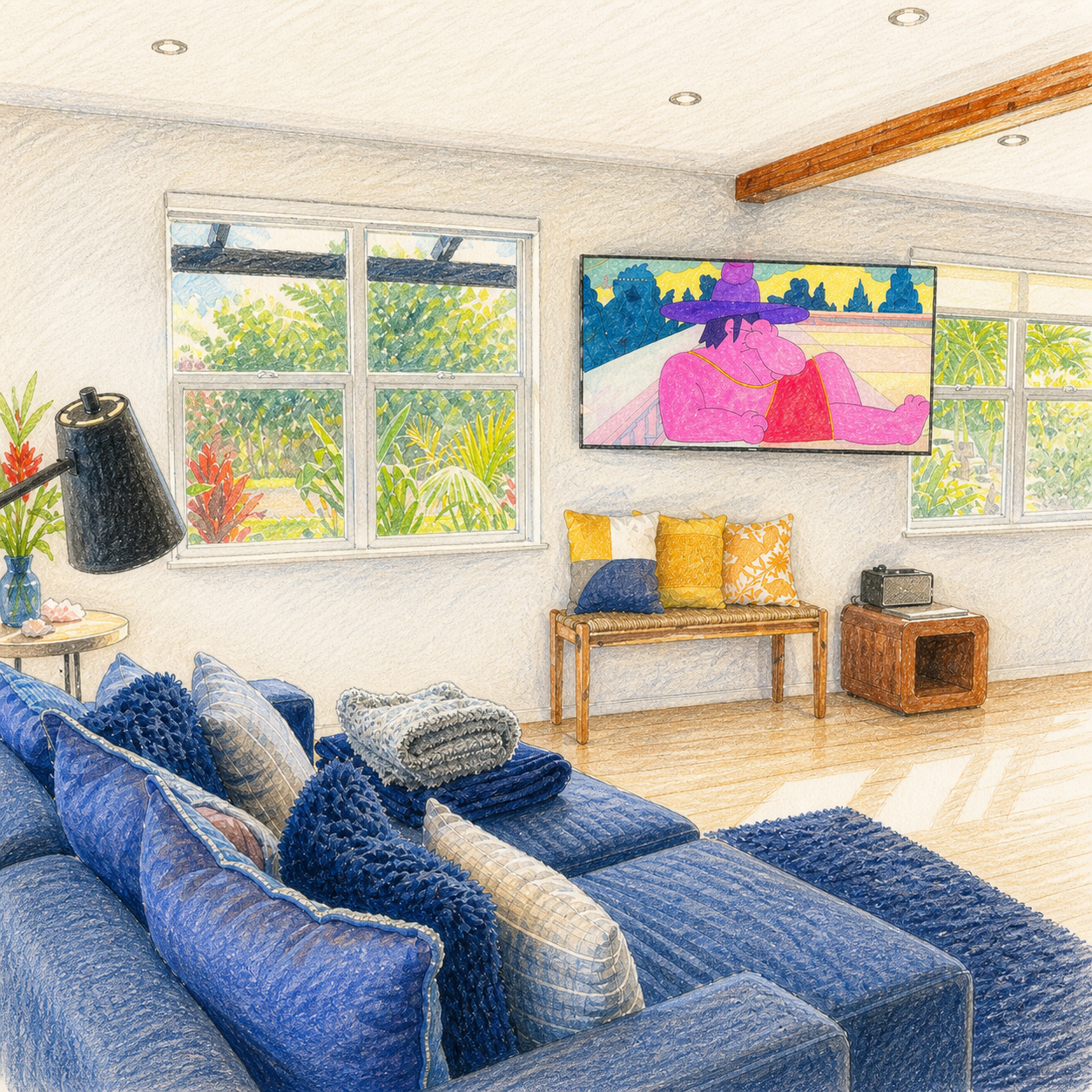Living room with a blue velvet sofa, decorative pillows, a gray throw blanket, a black floor lamp, a side table with a flower vase, a wall-mounted TV showing an animated scene, windows showing greenery outside, and a wooden bench with cushions under the TV.