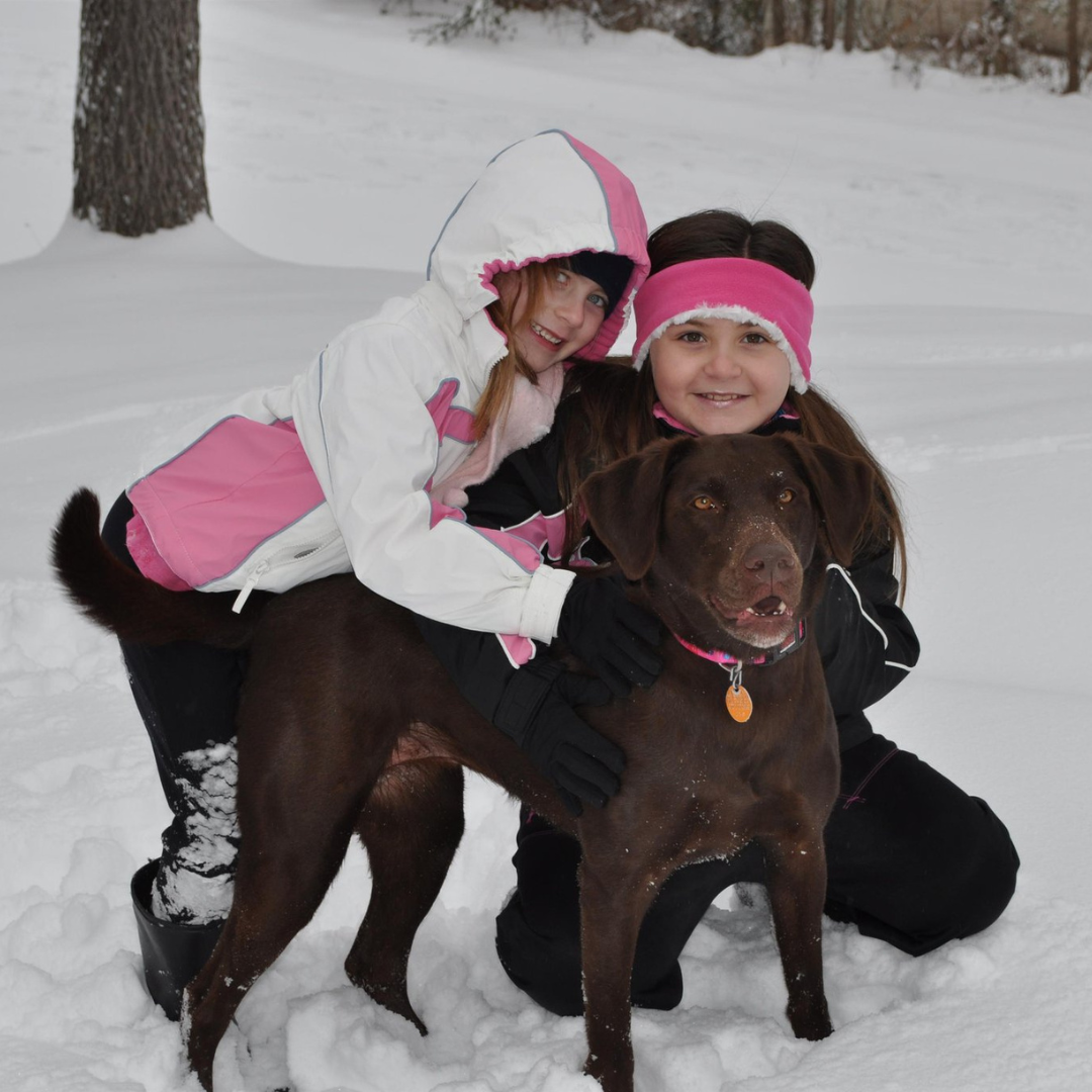 Two girls in winter clothing sitting in snow with a brown dog outdoors.