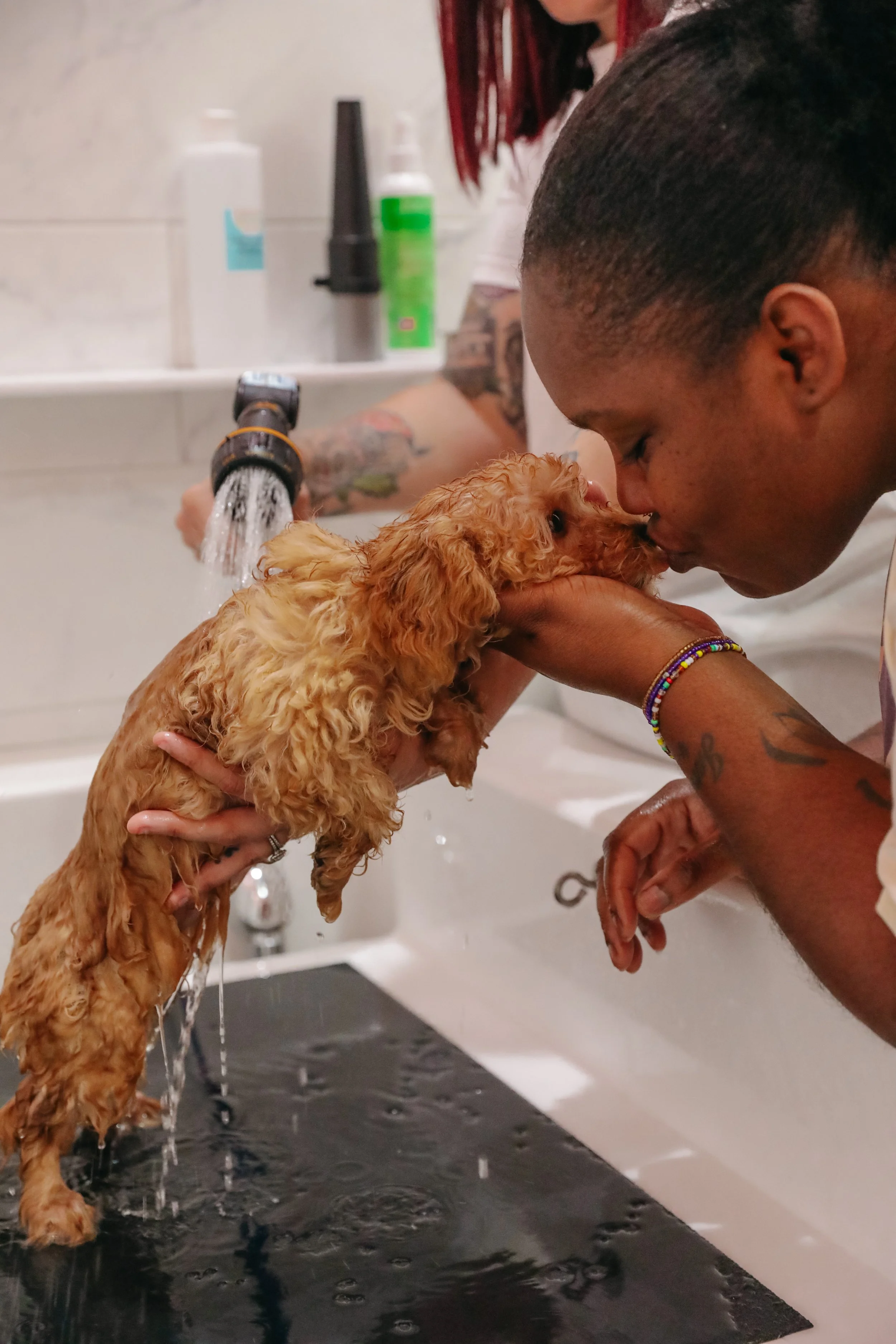 A person bathing a small, curly-haired dog in a sink is surrounded by various bath supplies. The person is leaning in close to the dog, and water is flowing from a faucet. The dog looks at the person while being gently held.