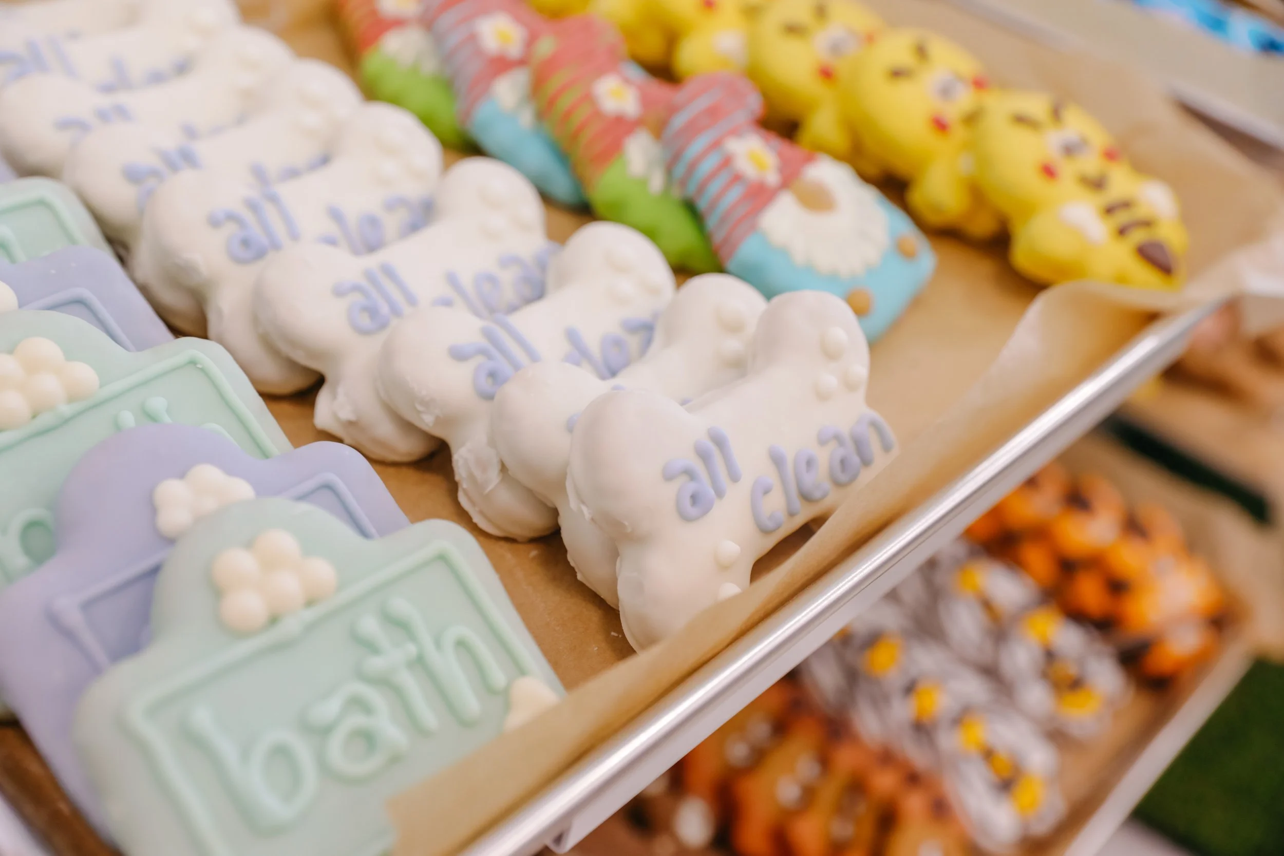 Assorted decorated cookies on display, featuring pastel colors and messages for celebration.