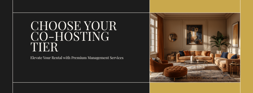 A living room with large windows, a beige sofa, armchairs, a coffee table, artwork on the walls, and indoor plants, shown in a promotional graphic for rental management services.