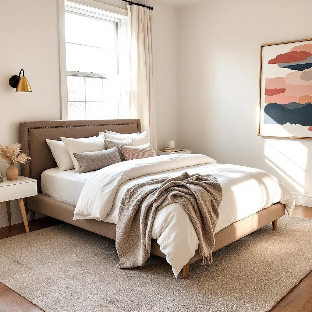Bright bedroom with a beige upholstered bed, white bedding, decorative pillows, a beige throw blanket, a white nightstand with a small lamp, a vase with pampas grass, a large abstract painting on the wall, and a window with white curtains letting in natural light.