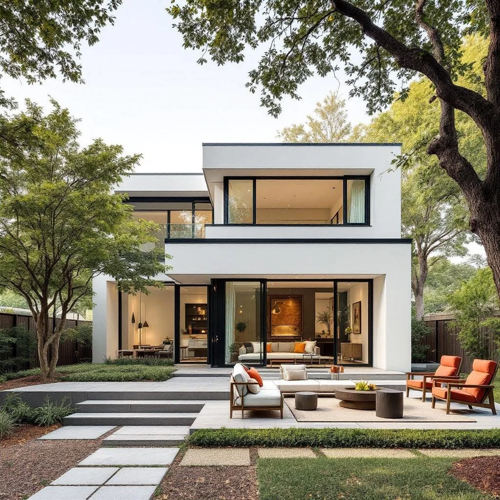 Modern two-story house with large glass doors and a spacious outdoor patio surrounded by trees and greenery.