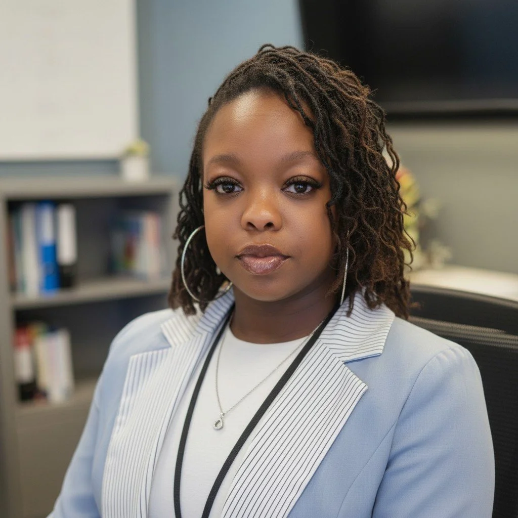 A woman with shoulder-length curly hair wearing a white blazer and silver hoop earrings sitting in an office.