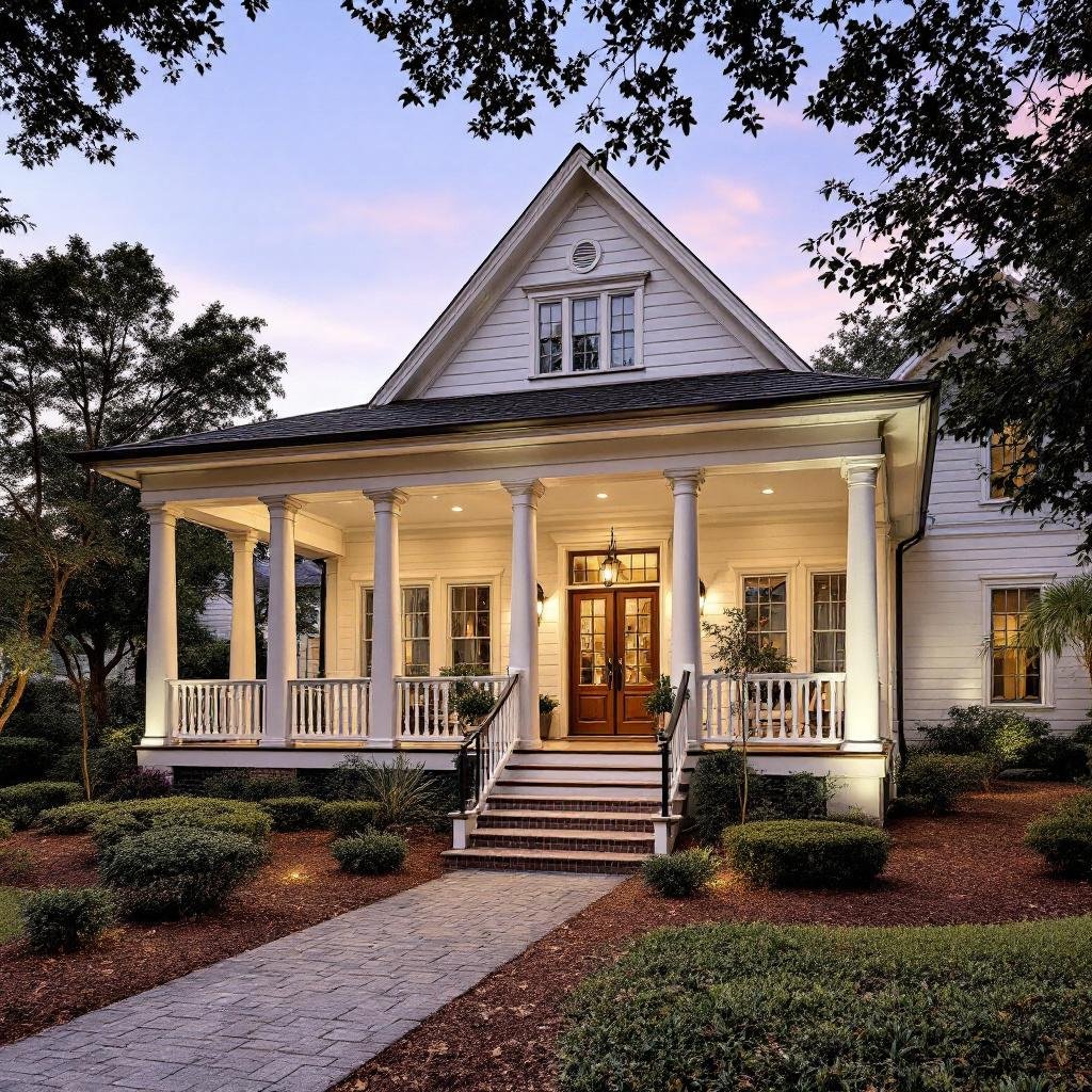 A large white house with a covered front porch supported by multiple columns, a wooden door with glass panes, and a well-maintained yard with bushes and trees during twilight.