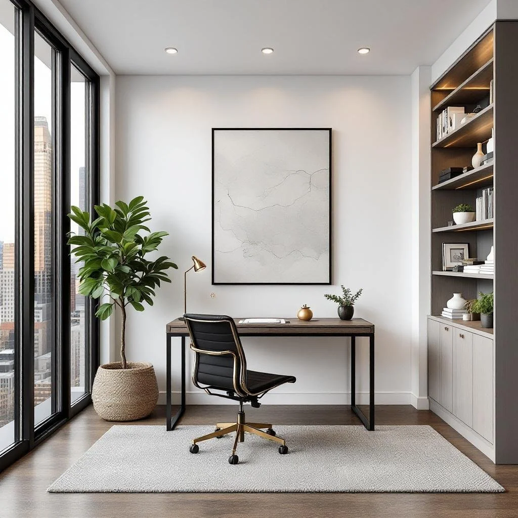 Modern home office with a black desk and chair, large potted plant by glass sliding doors, built-in bookshelf with books and decor, abstract art on white wall, and overhead lighting.