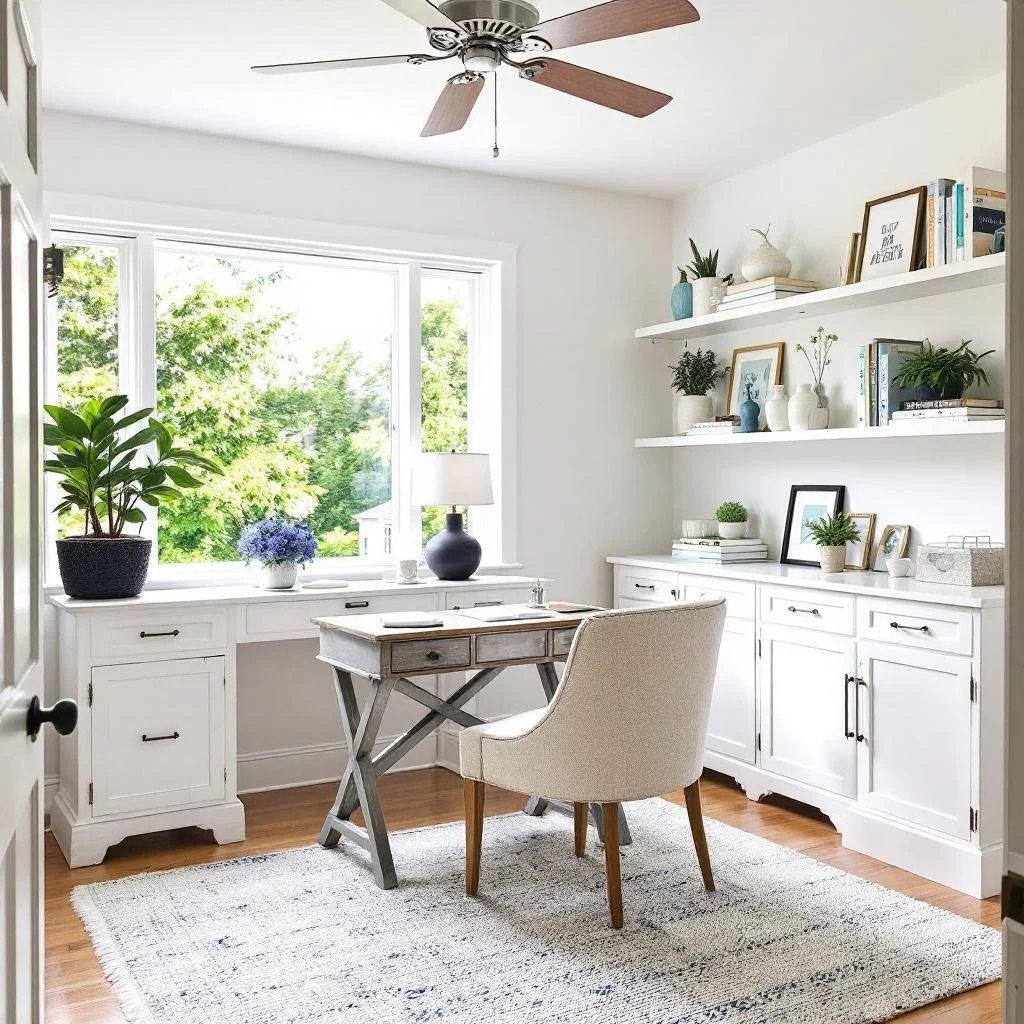 A bright home office with a large window, white walls, and hardwood flooring. It has a beige upholstered chair, a small wooden desk, a white cabinet, and two white floating shelves with decorative plants, books, and picture frames. A ceiling fan with wooden blades is on the ceiling.