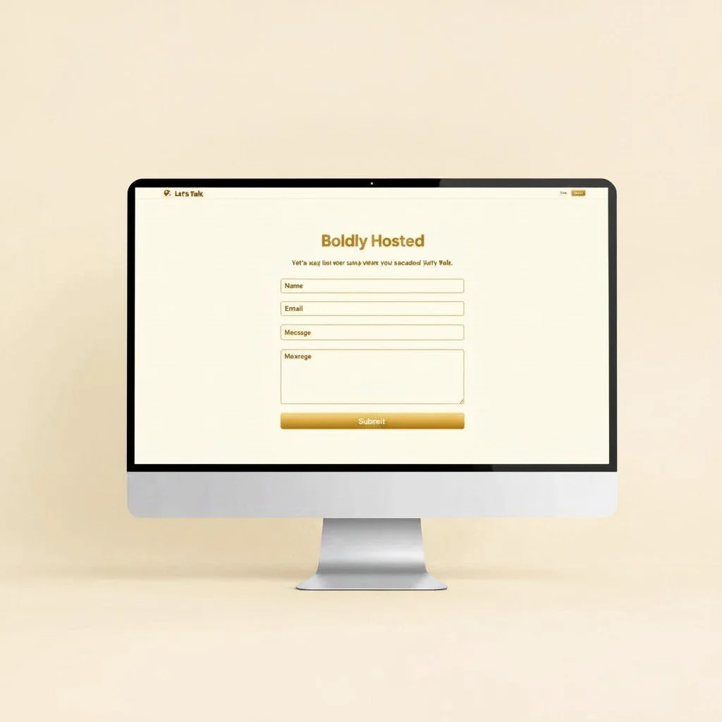Computer monitor displaying a form titled Boldly Hosted with fields for name, email, message, and a submit button, on a cream-colored background.