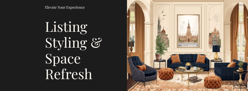 Interior of a luxurious living room with ornate beige walls, large windows with curtains, a dark blue couch, matching armchairs, orange ottomans, and various decorative items, with framed artwork hanging on the walls.