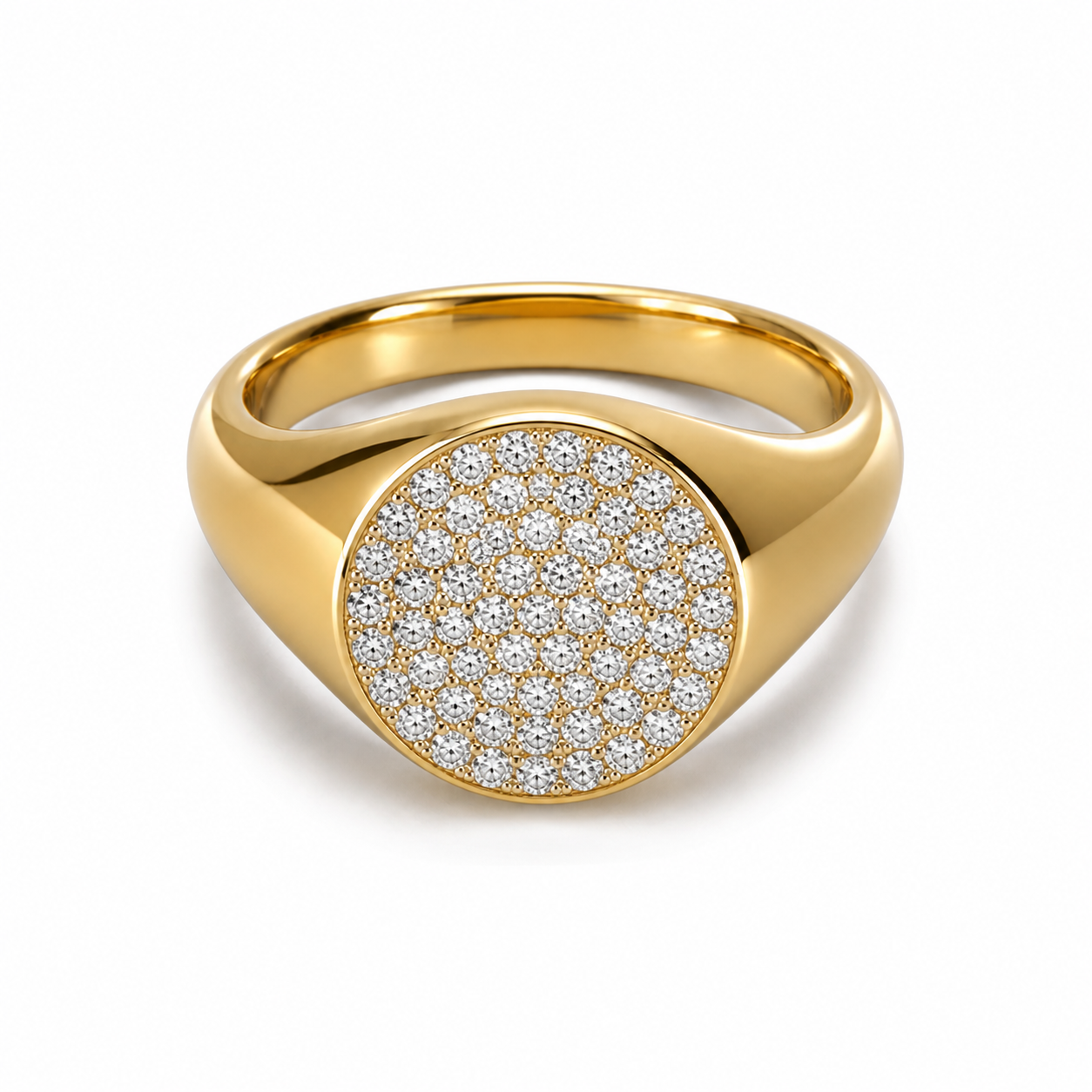 Gold ring with a large round face encrusted with small diamonds, on a plain white background.