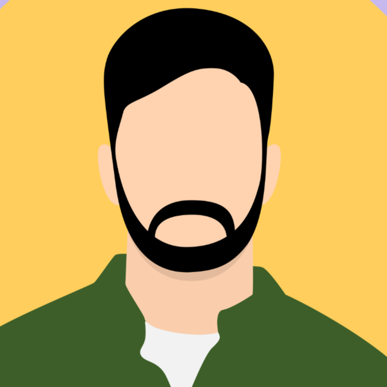 Illustration of a man with a beard, wearing a green jacket and a white shirt, with a yellow background.