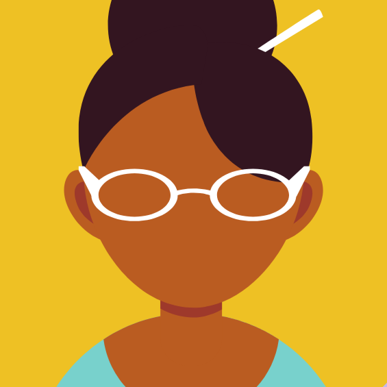 Illustration of a woman with dark hair in a bun, wearing glasses and a light blue top, set against a yellow background.