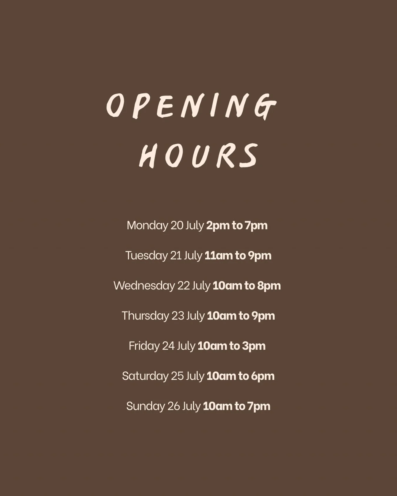 Our opening hours this week!