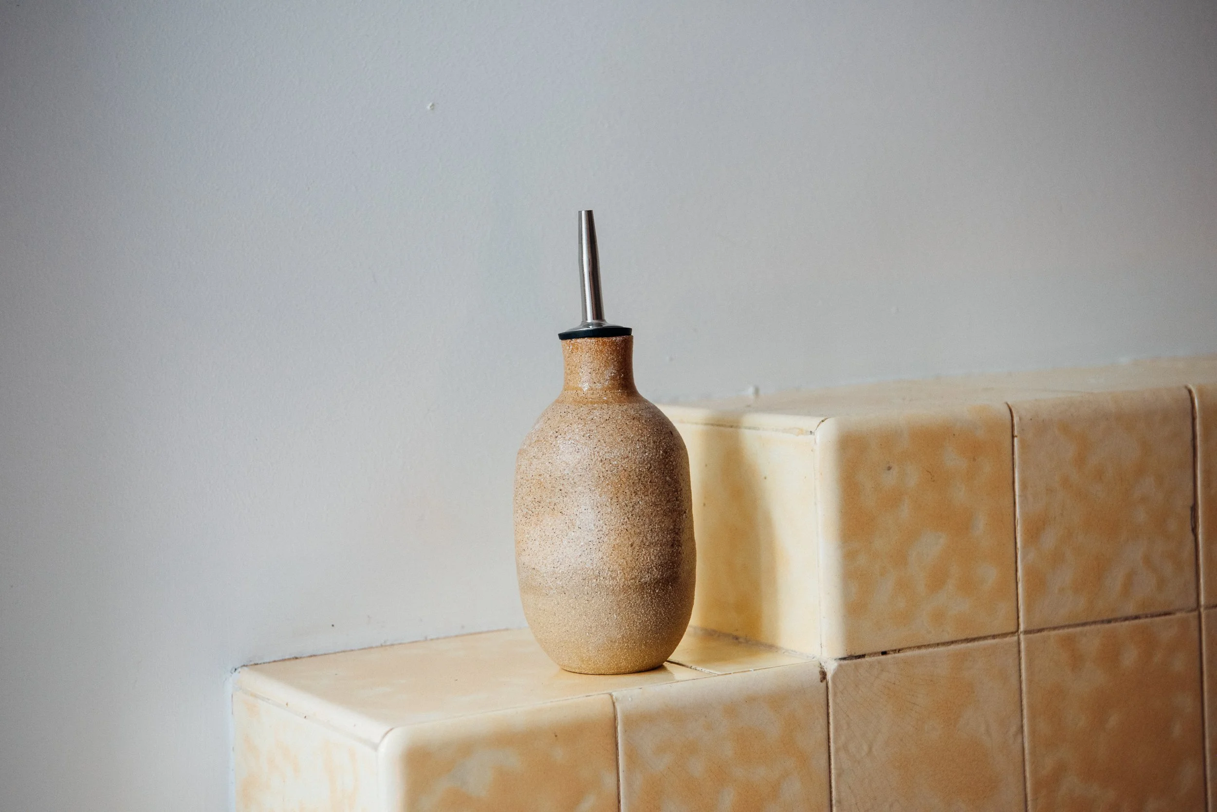 Handmade Pinched Olive Oil Bottle in Sand