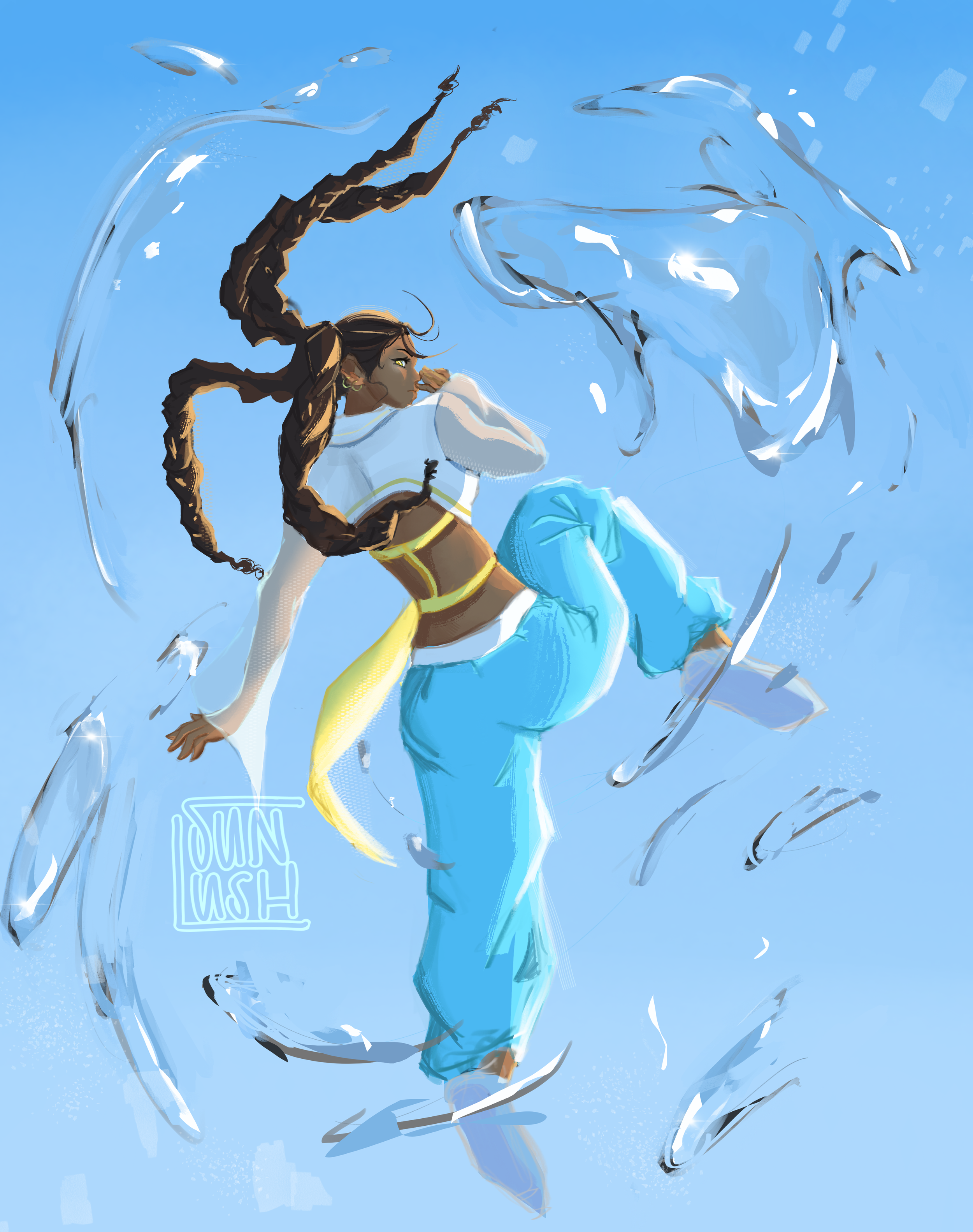 AKWA | Original character designed for an FPS/Hero Shooter. Her costume is based off of dynamic movement, fluidity , and bright energy, getting her out of tough situations quick.