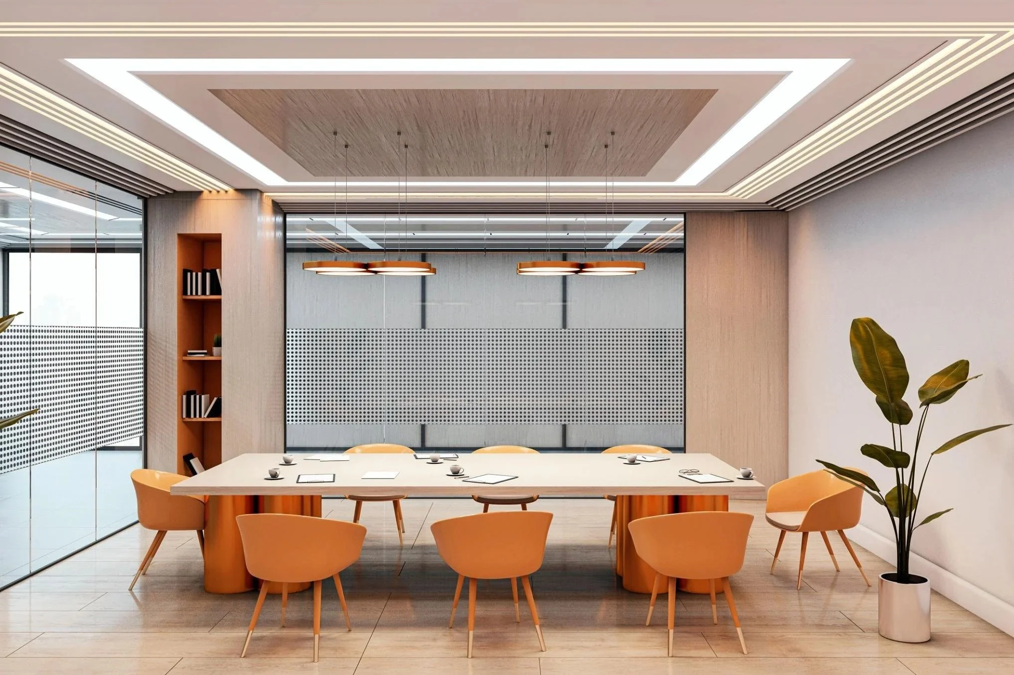 Modern conference room with a long table set with papers and cups, surrounded by orange chairs, wood-paneled walls, large glass windows, and contemporary lighting fixtures.