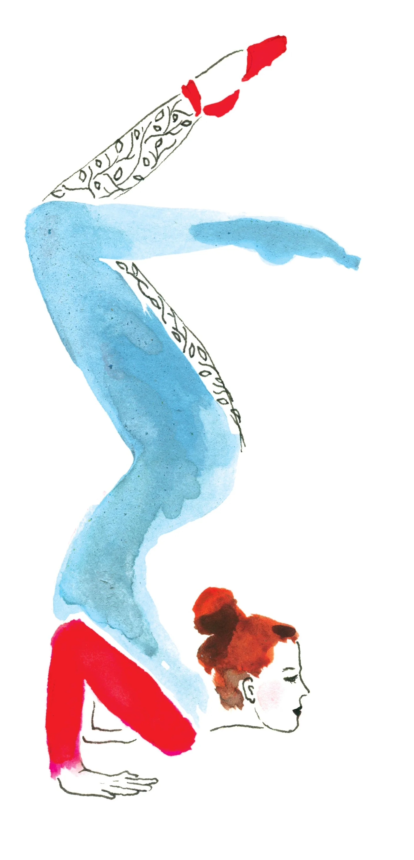 A watercolor illustration of a woman doing a yoga headstand, with her legs bent and feet resting on the ground.