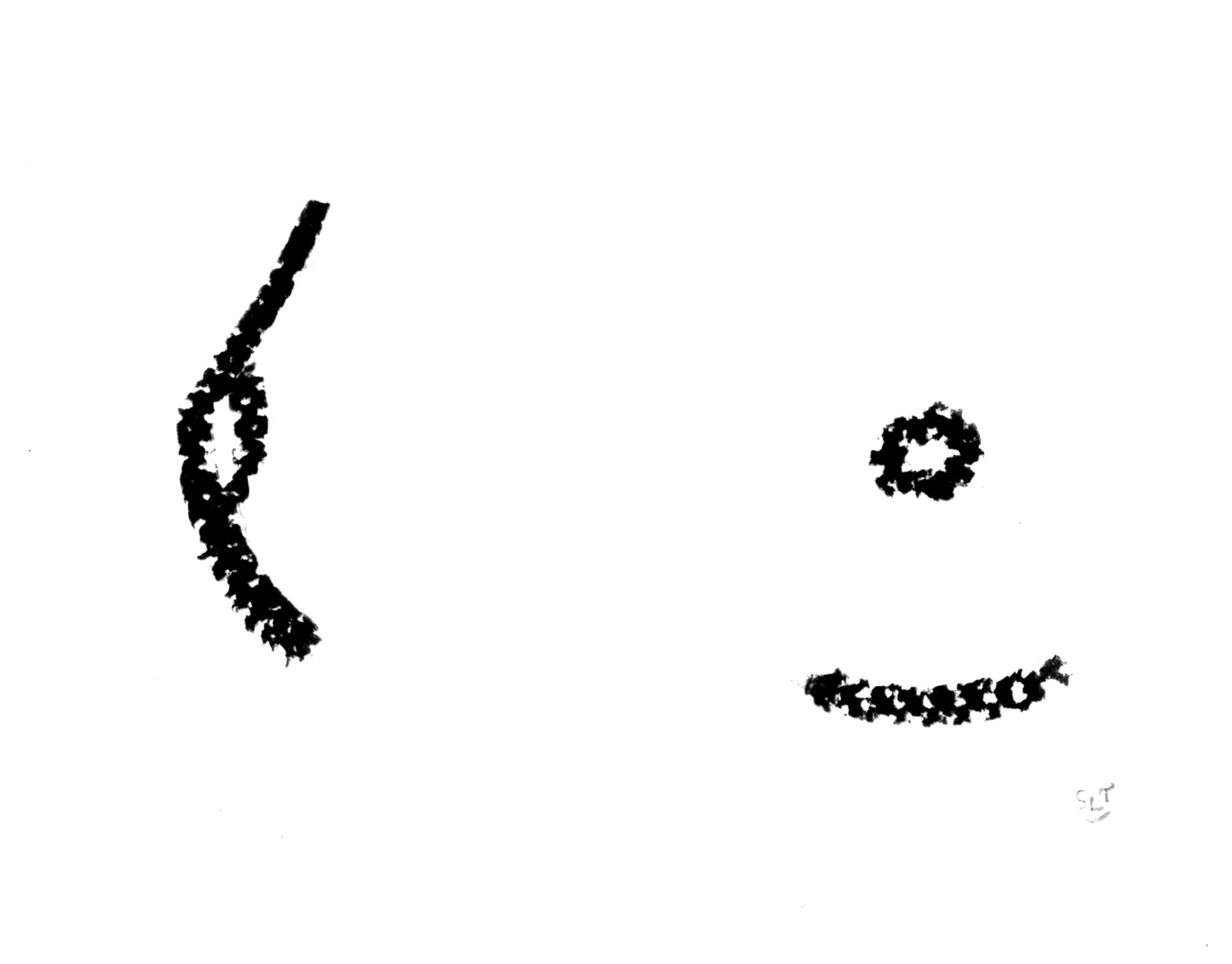 A smiling face drawn with black dots on a white background, featuring arched eyebrows, a nose, and a curved mouth.