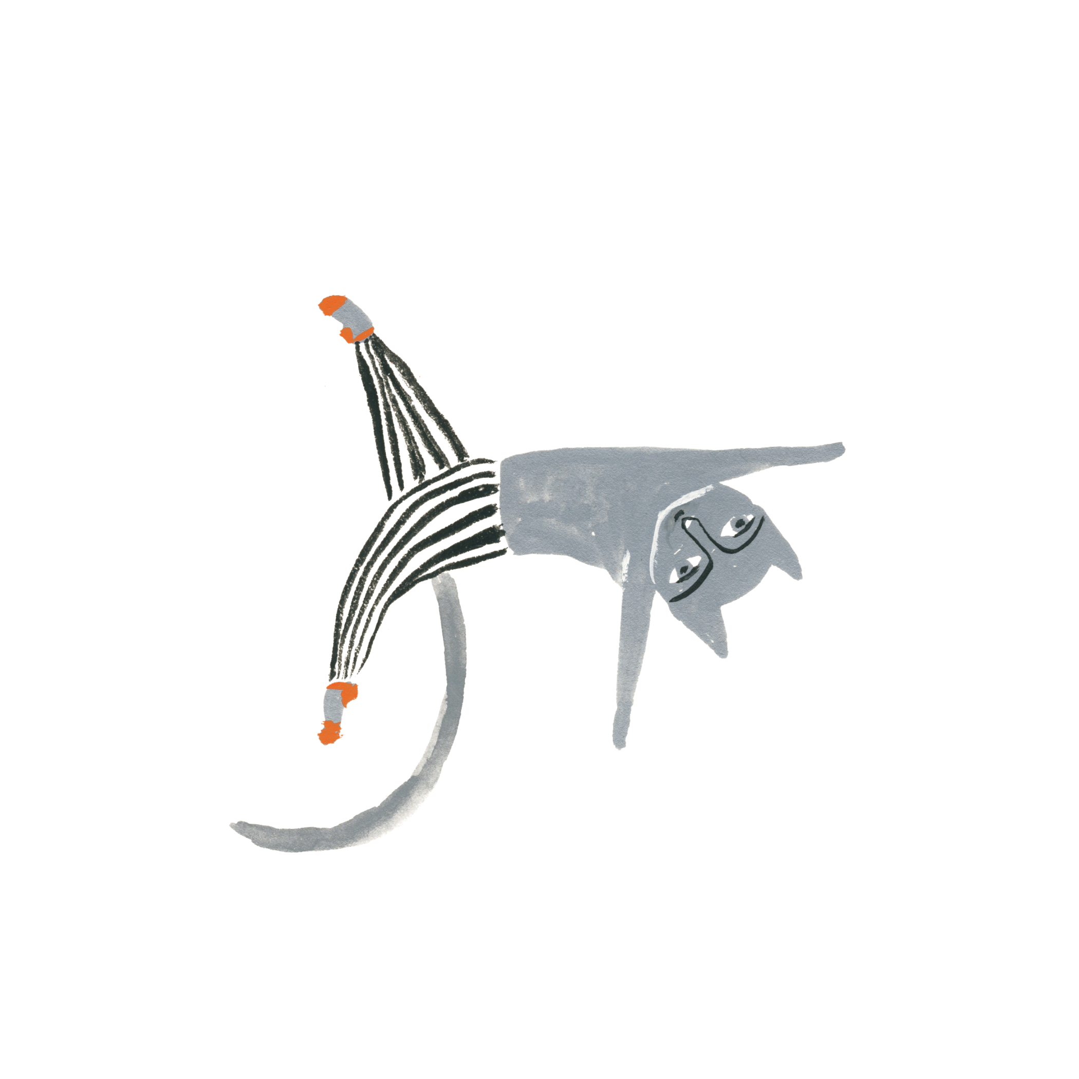 A simple drawing of a creature with a fish-like body and a striped tail, holding a small orange fish in its hand, with minimalistic black, white, gray, and orange colors.