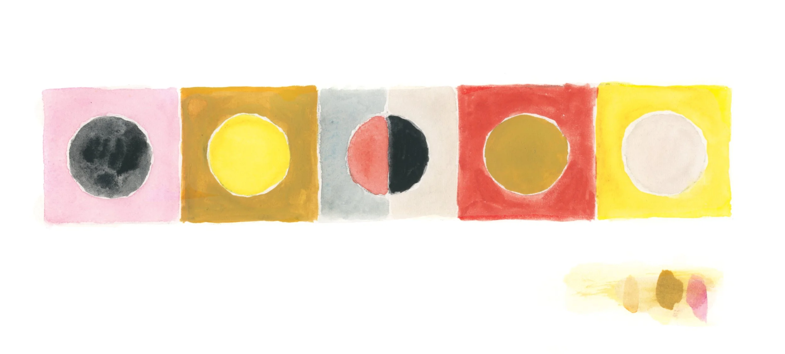 A horizontal row of five abstract watercolor squares with circles in the center, each with different color combinations including pink, yellow, gray, red, and yellow backgrounds.