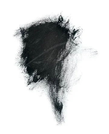 Black ink or paint smudge on white paper with a distressed texture.