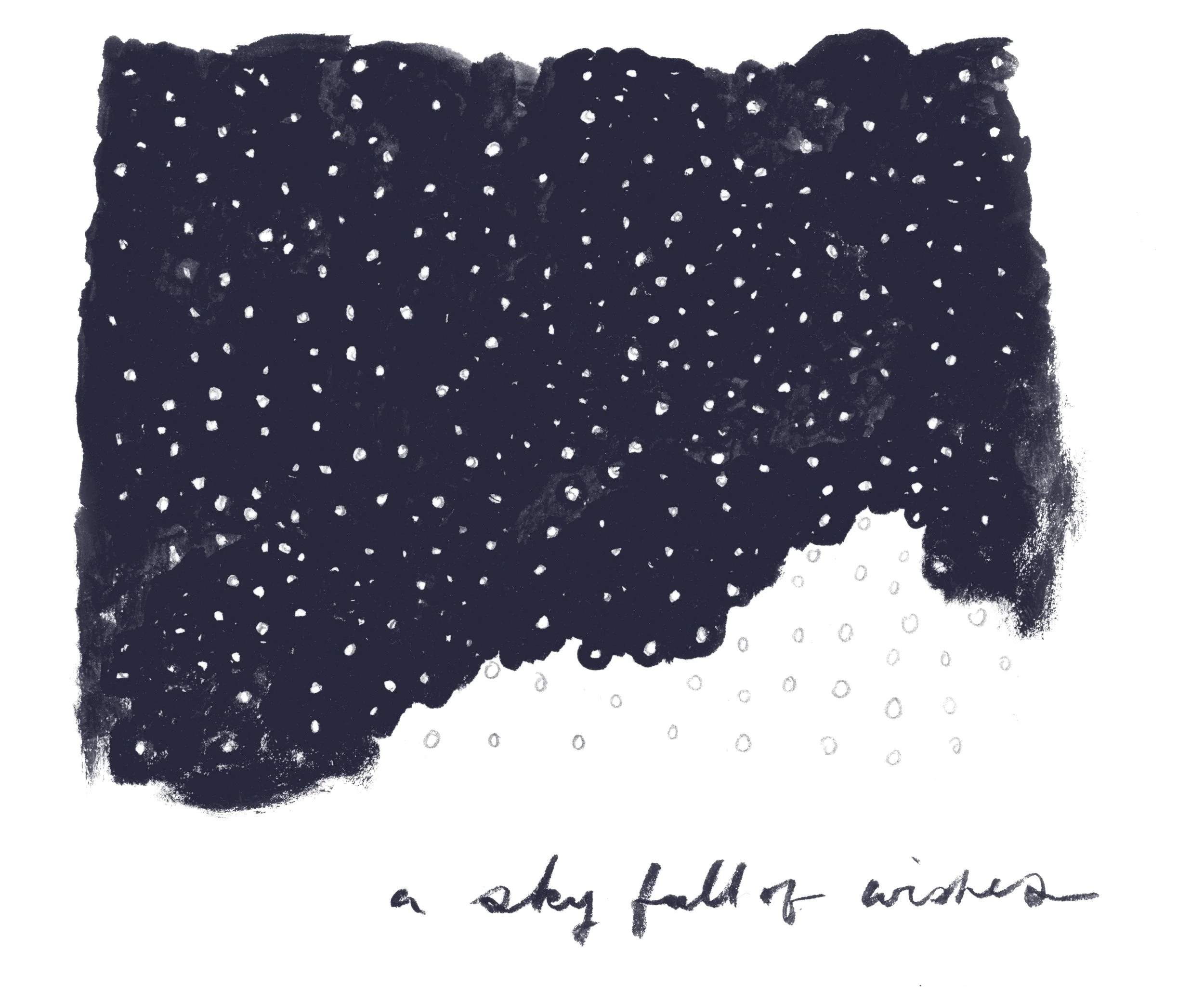 A black and white watercolor-style design with polka dots, a blurry red shape, and cursive handwritten text that reads, 'a shy falling at...'