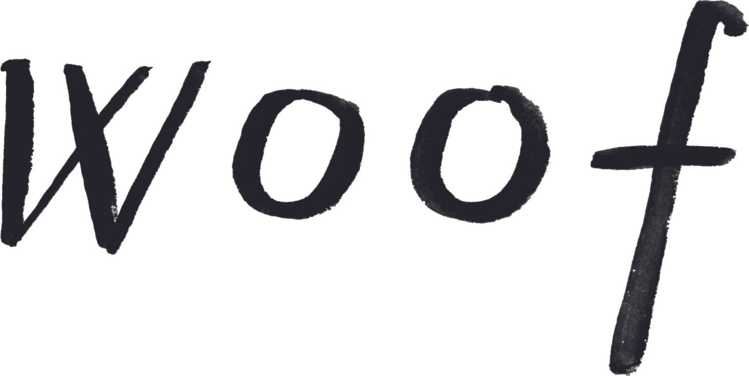 Handwritten black text reading 'Woof!' on a white background.