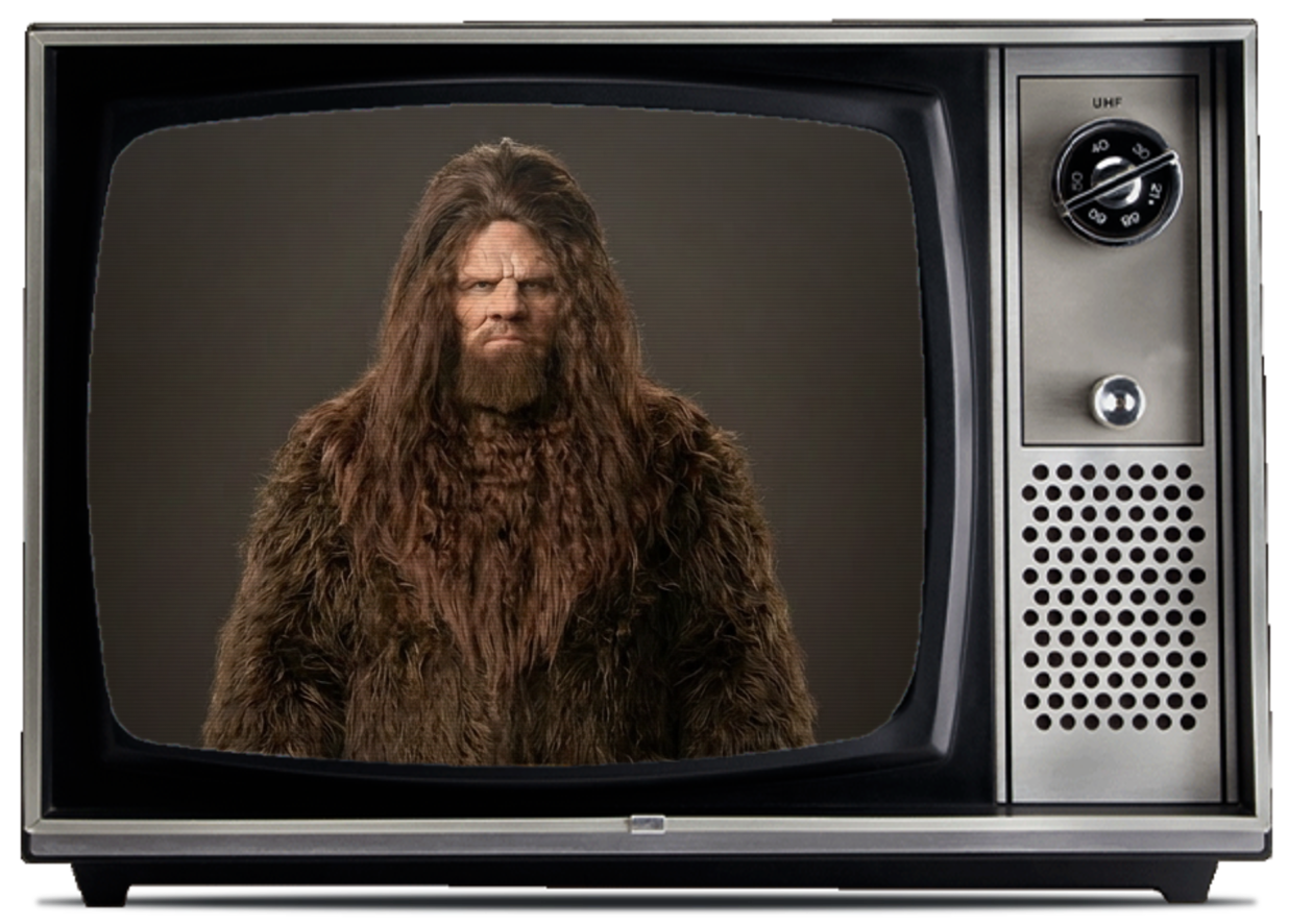 Retro TV showing a studio portrait of Biggun the sasquatch