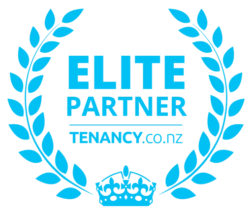 Blue emblem with laurel wreath, the words 'Elite Partner' and 'Tennancy.co.nz', and a crown at the bottom.