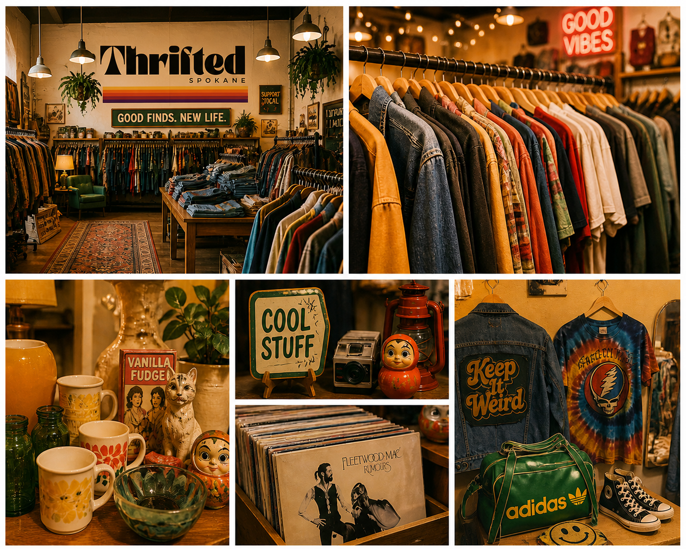 Thrift store interior featuring clothing racks with colorful shirts and jackets, vintage collectibles, mugs, vinyl records, and retro decor. Vintage clothing racks inside Thrifted Spokane thrift store. Affordable Vintage Clothing in Spokane