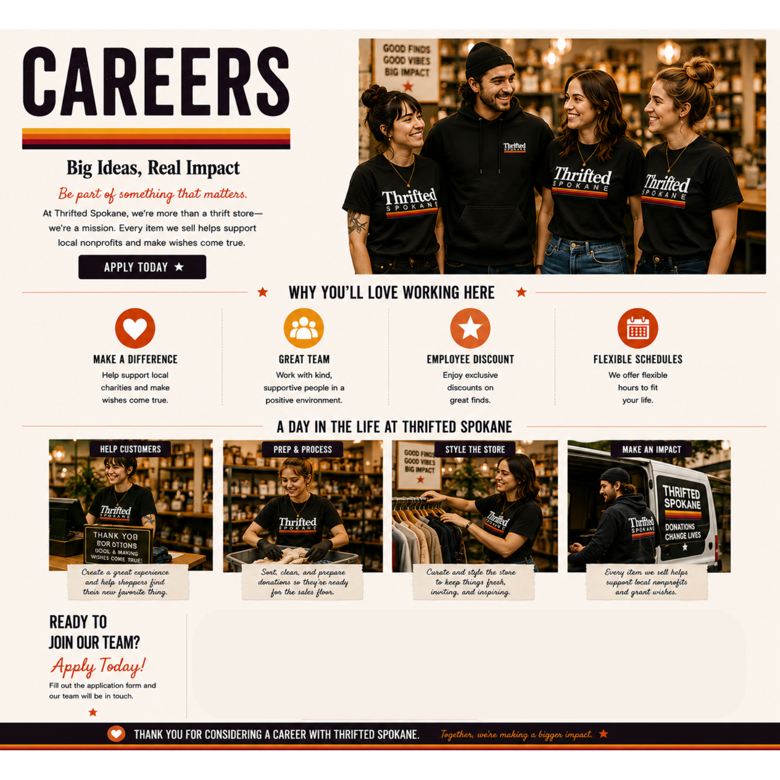 What jobs are available at Thrifted Spokane?
We hire retail associates, donation processors, cashiers, and donation pickup team members.
