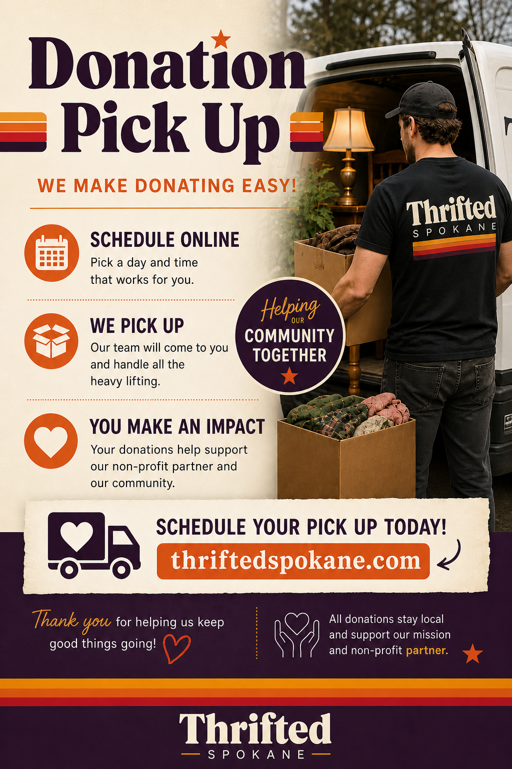 Thrifted Spokane donation pickup service. Thrifted Spokane is a community-focused thrift store offering affordable clothing, furniture, vintage finds, and donation pickup services while supporting a local nonprofit the Wishing Star Foundation.