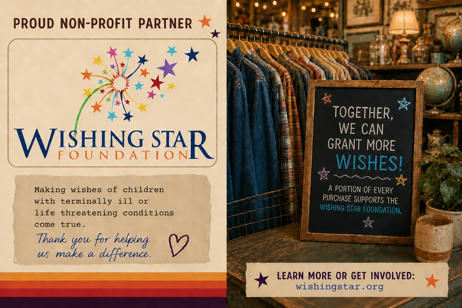 A display promoting the Wishing Star Foundation. The left side shows a poster with a colorful firework graphic and text about the foundation, which makes wishes for children with terminal or life-threatening illnesses. The right side features a chalkboard sign with the message, 'Together, we can grant more wishes!' and a note that a portion of every purchase supports the foundation. Behind the signs, there is a clothing rack with various shirts, and in the background, shelves with globes and decorative items.