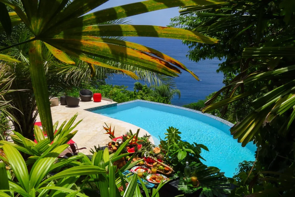 Tropical pool terrace with breakfast, surrounded by palm leaves and ocean views.