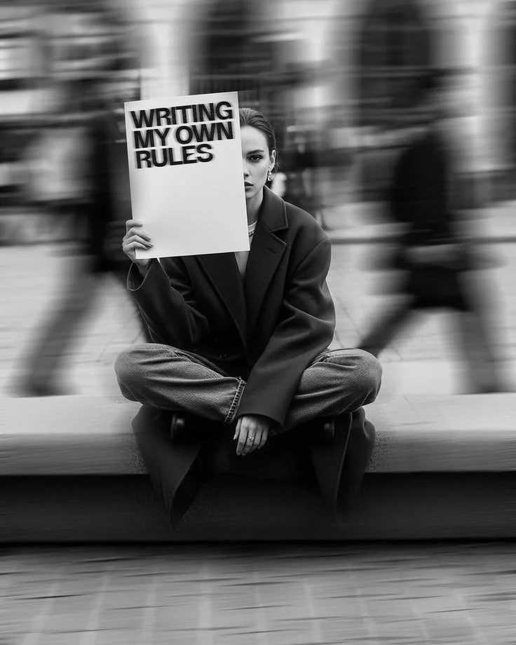 Woman sitting cross-legged on a bench holding a sign that reads "Writing My Own Rules" in an urban setting with blurred pedestrians in the background.