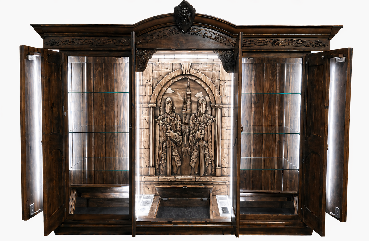 Beautiful custom walnut armoire with carved backer scene, lights, and hidden compartments. Fully Open.