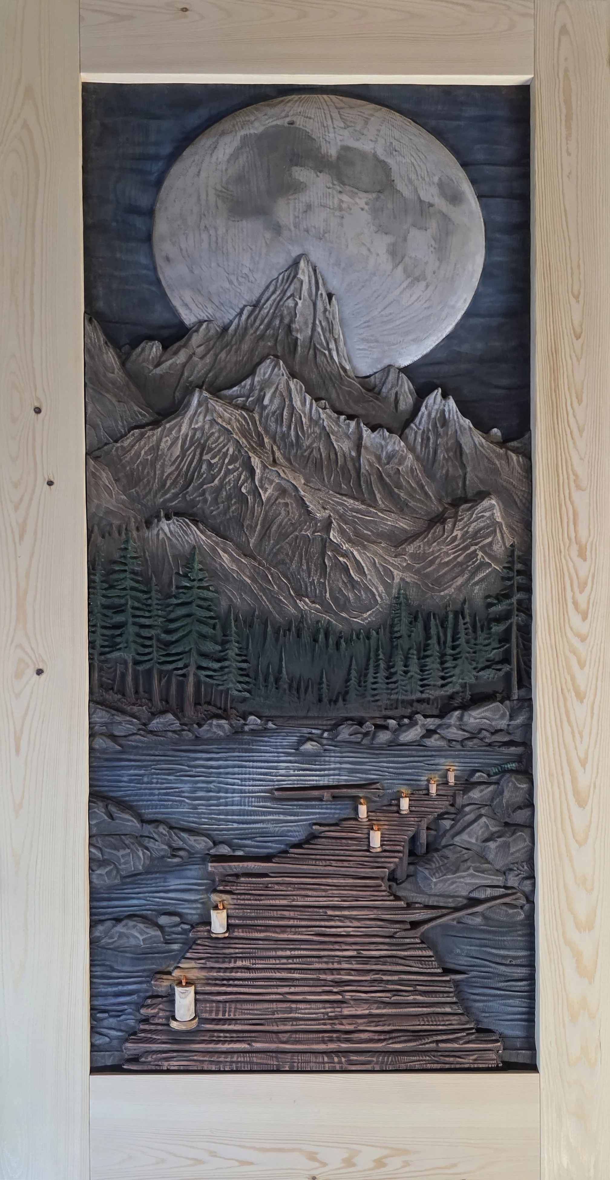 Full size custom carved door full of beautiful scenery fully painted and finished.