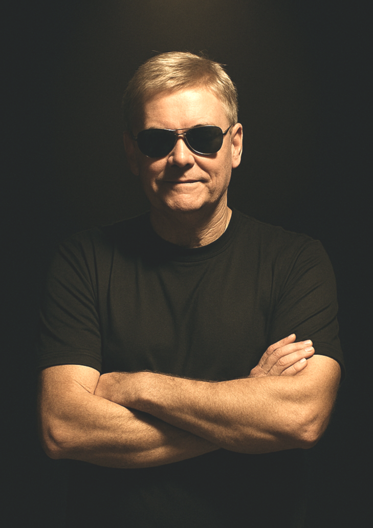 A middle-aged man with blonde hair wearing black sunglasses and a black T-shirt, crossing his arms, against a dark background.