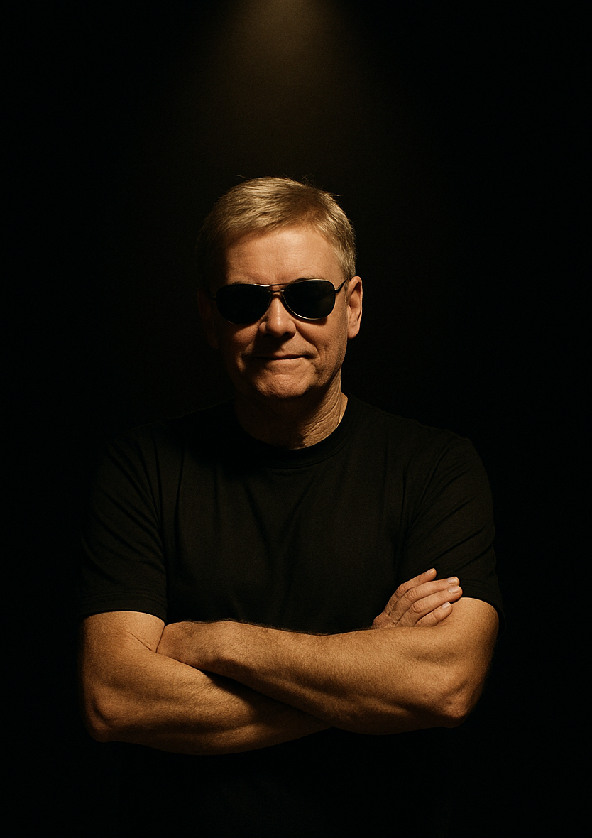 A man wearing black sunglasses and a black t-shirt, standing with arms crossed against a dark background.