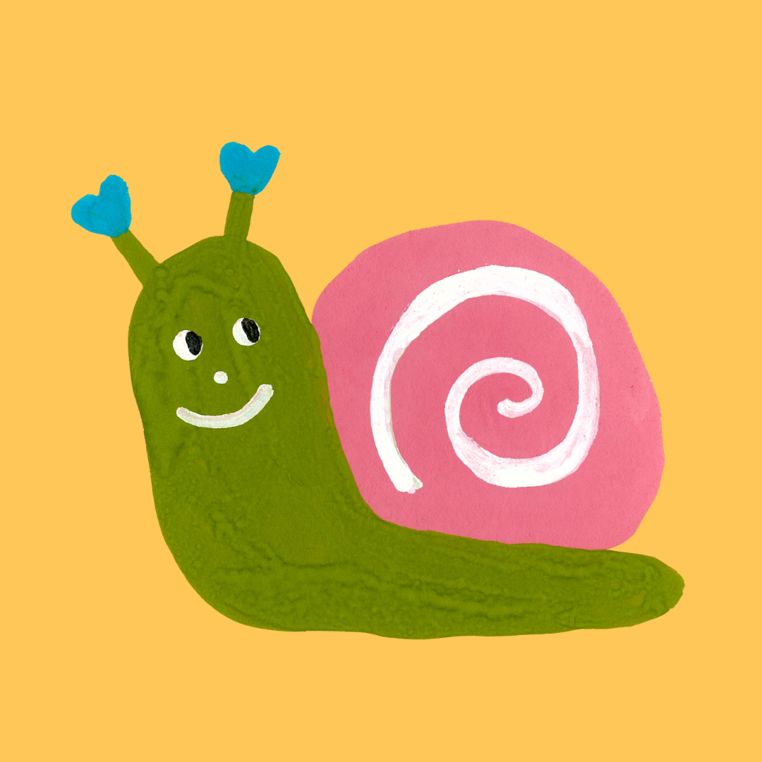 A cute, cartoon-like illustration of a snail with a green body, a smiling face, and two blue heart-shaped antennae. The snail has a pink spiral shell on its back, set against a yellow background.