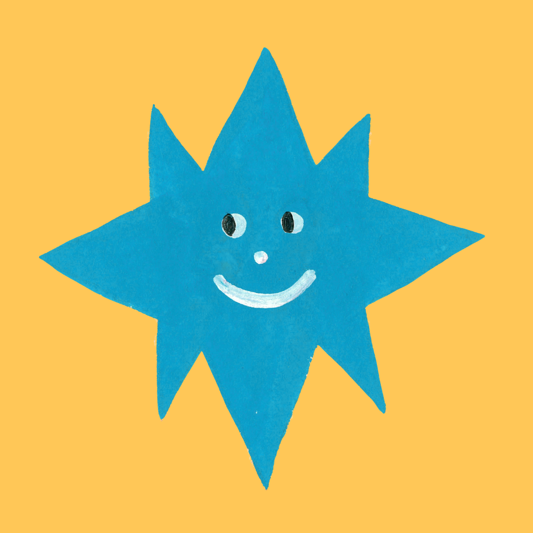 A blue, star-shaped cartoon character with a smiling face on a yellow background.