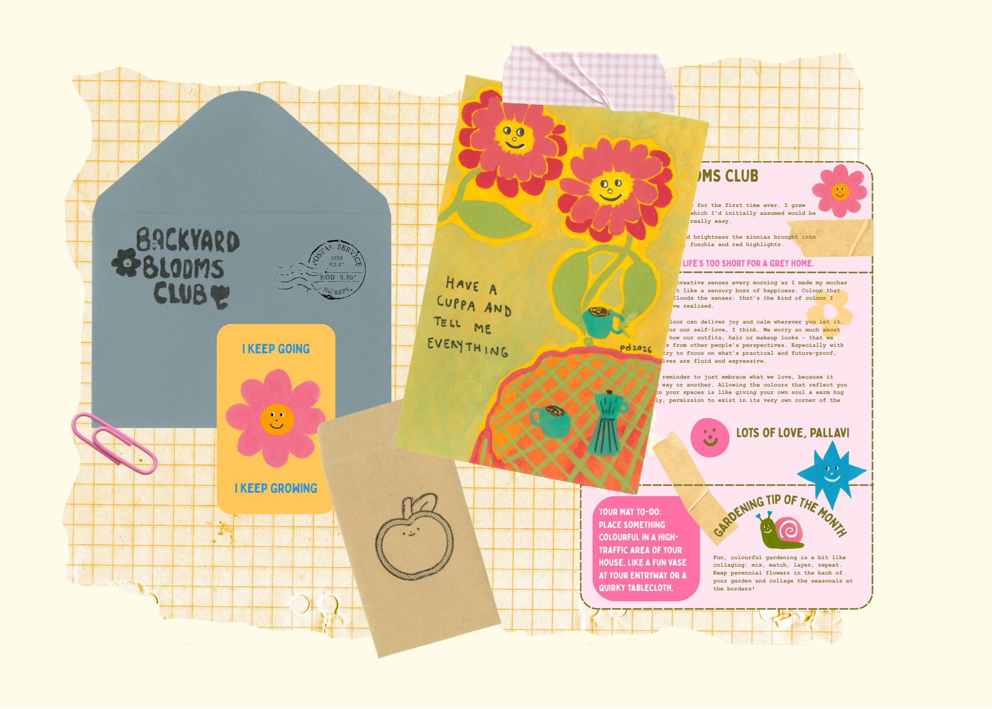 A collage of colorful paper items including cards, tags, and paper clips on a grid-patterned background, featuring cheerful flower illustrations and gardening tips.