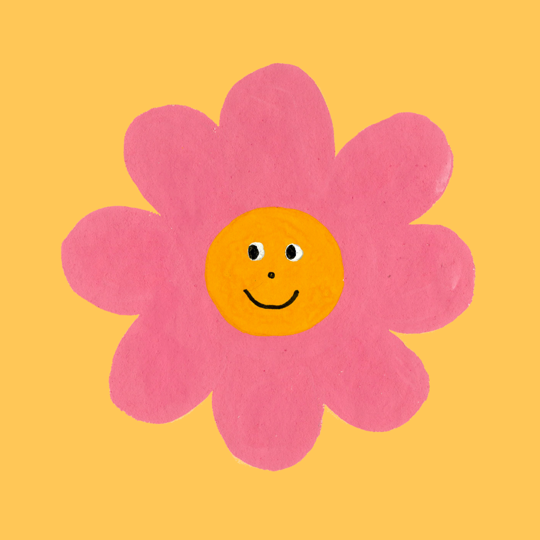 A pink flower with a smiling orange face in the center, set against a yellow background.