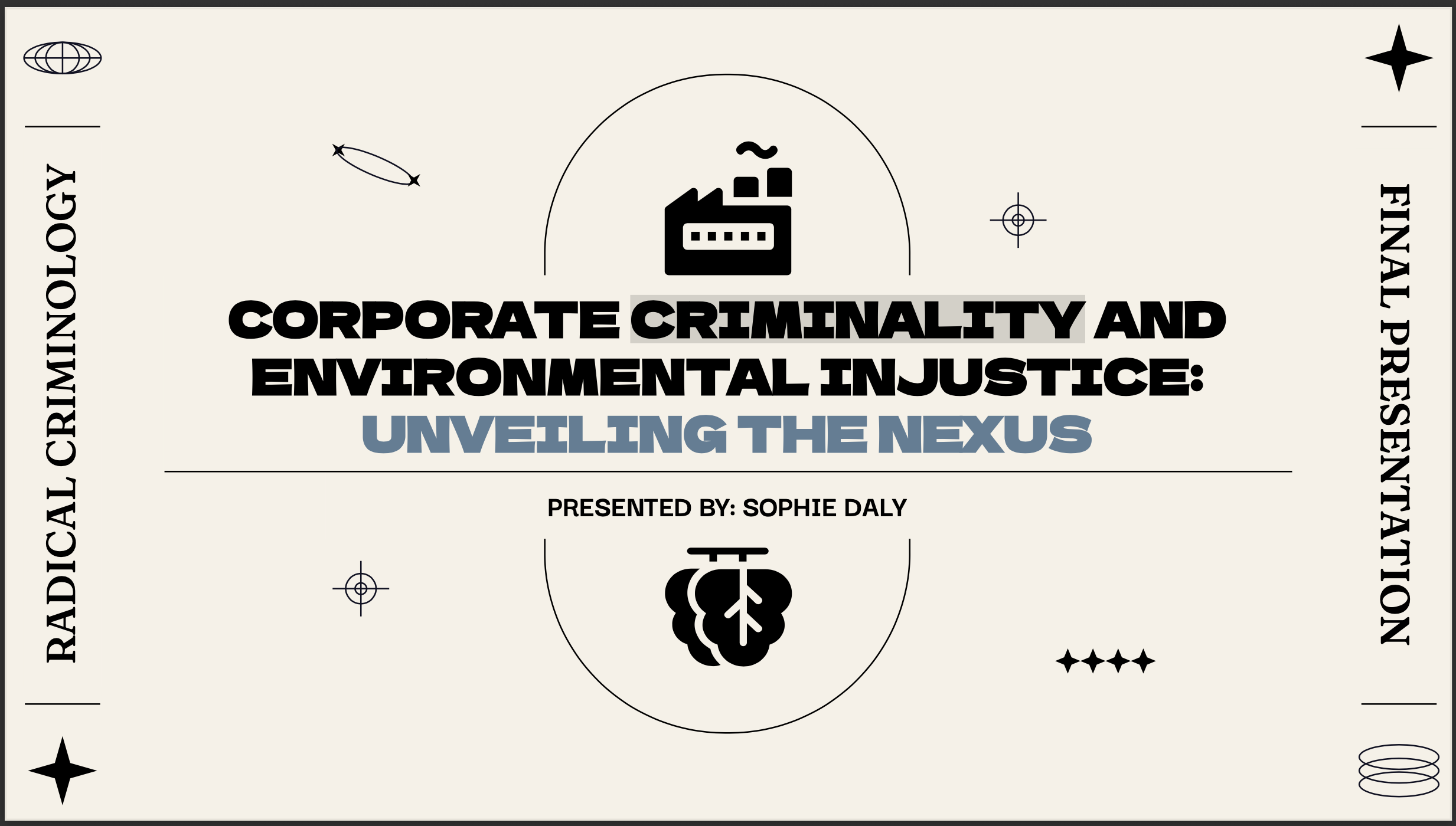 Title slide for a presentation titled 'Corporate Criminality and Environmental Injustice: Unveiling the Nexus,' presented by Sophie Daly. The slide features icons of a factory emitting smoke and a leaf, with a black and beige color scheme and decorative design elements.