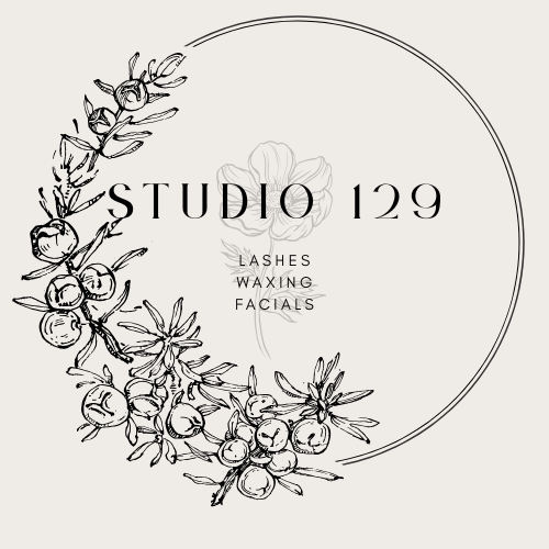 Logo for Studio 129 beauty salon with illustrated floral design and text for lashes, waxing, and facials.