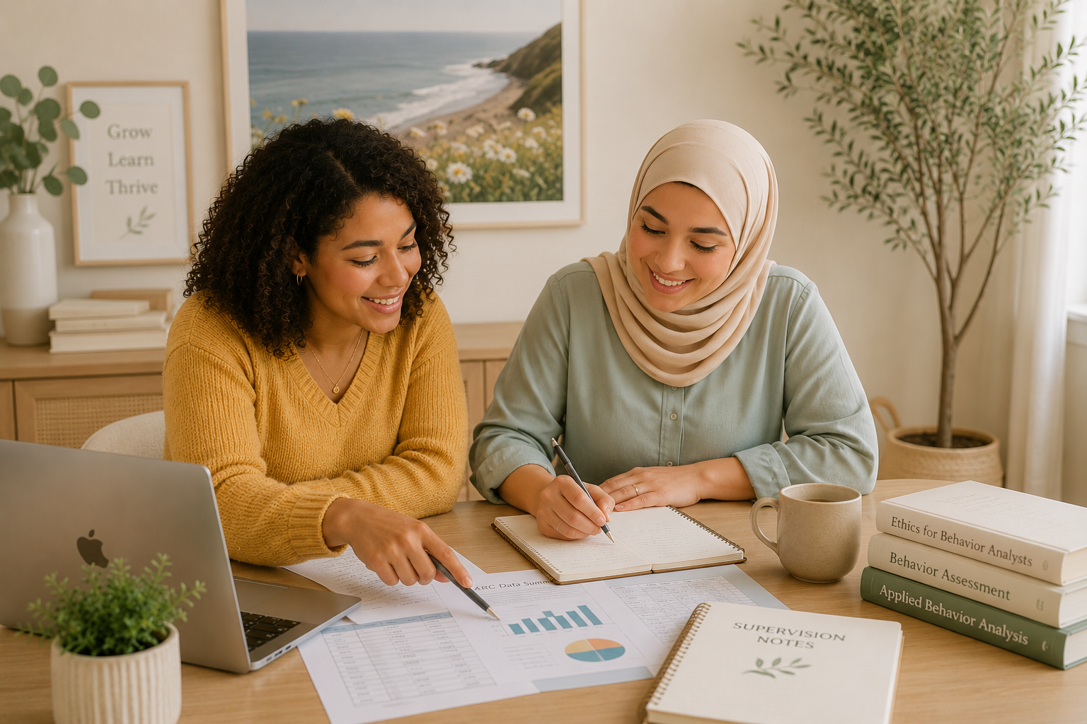 Two women working together at a desk with documents, graphs, books, a laptop, and a mug in a bright, cozy room.