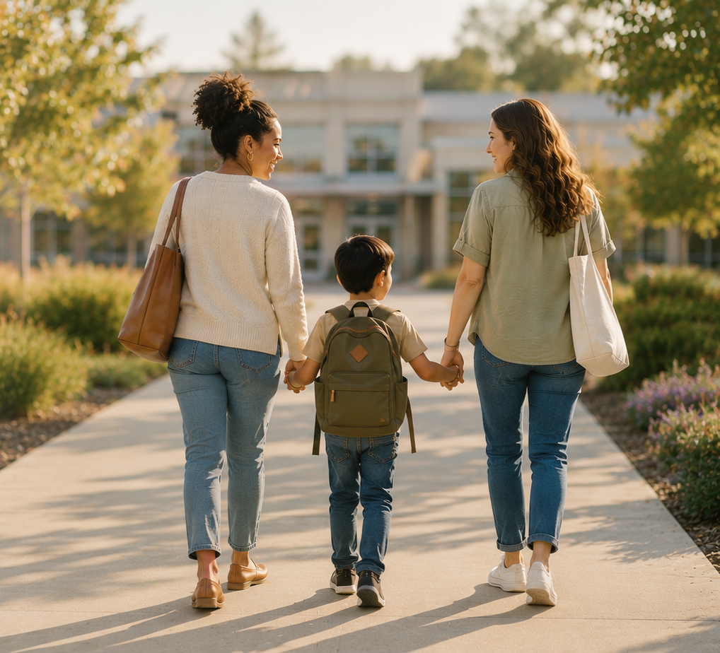Two women and a young boy holding hands walking on a sidewalk outside with trees and a building in the background during daylight.
