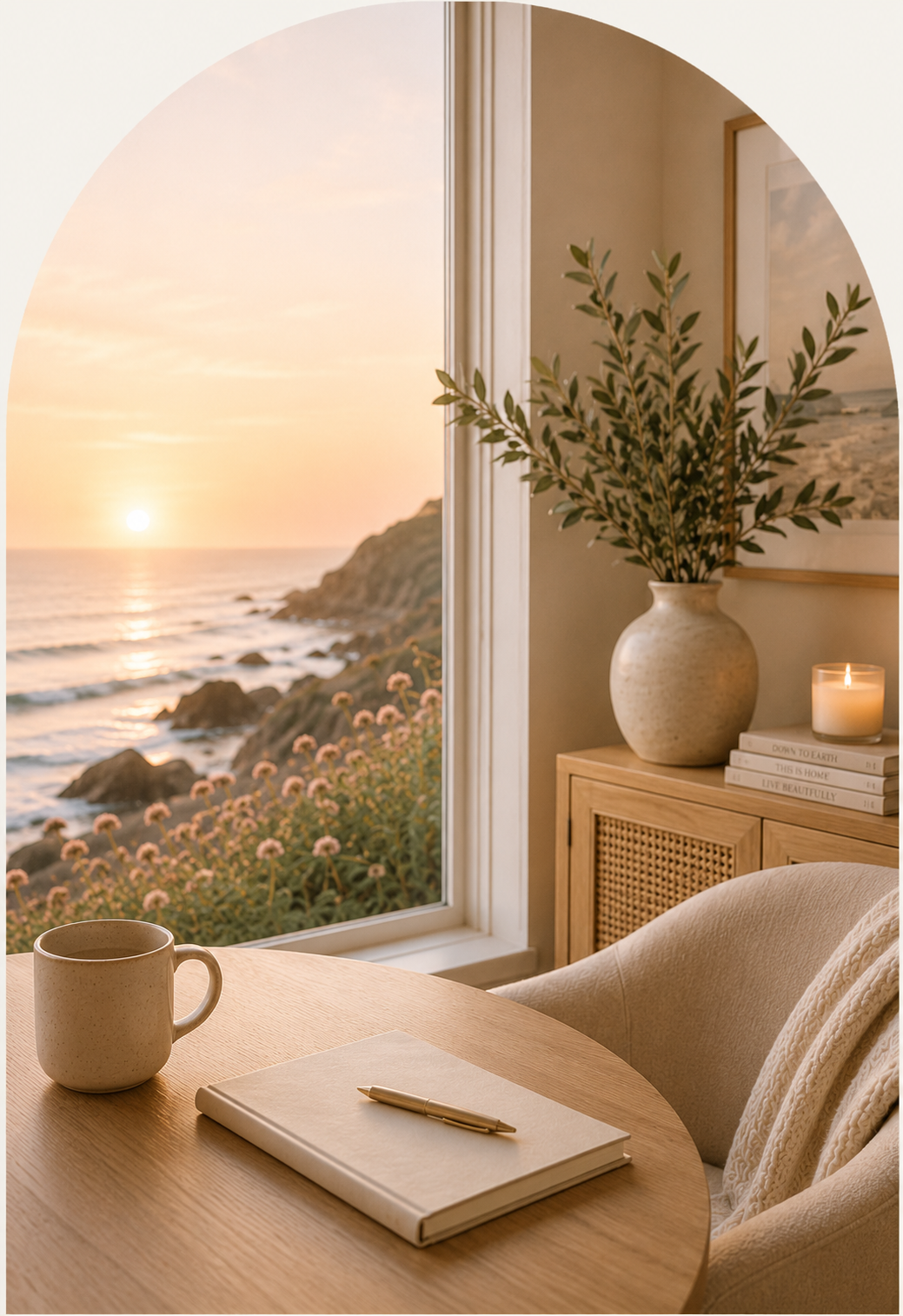 A cozy interior scene with a table holding a mug, notebook, and pen, near a window showing a sunset over the ocean with rocks and flowering shrubs.