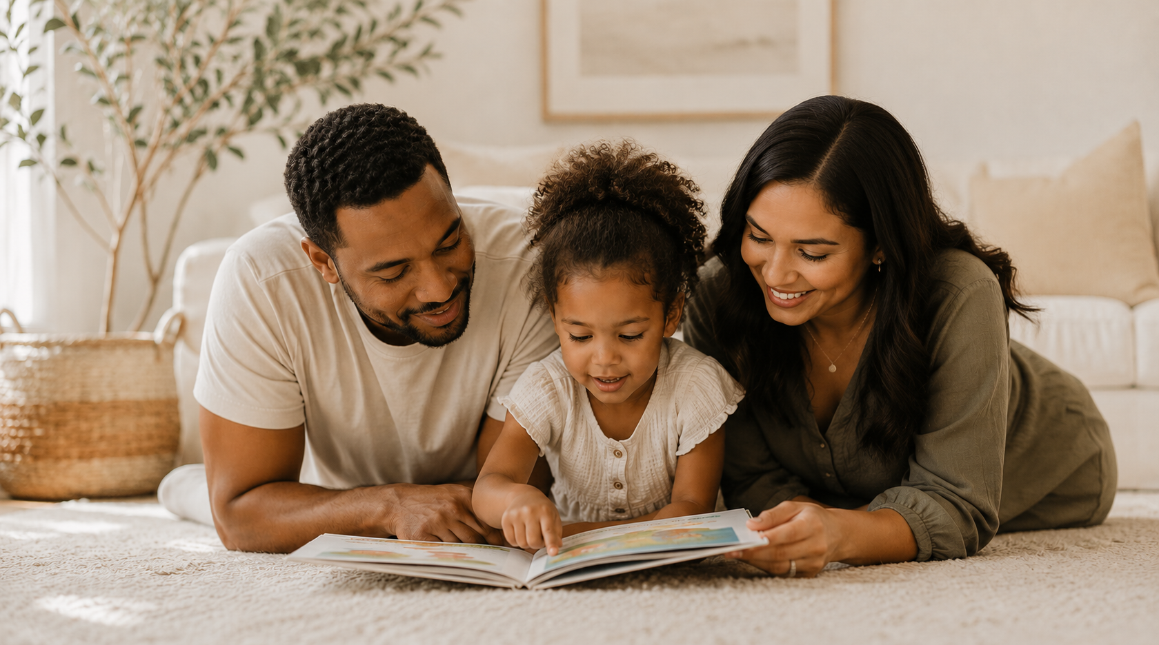 A family of three, parents and their young daughter, lying on the carpeted floor and looking at a picture book together in a living room.