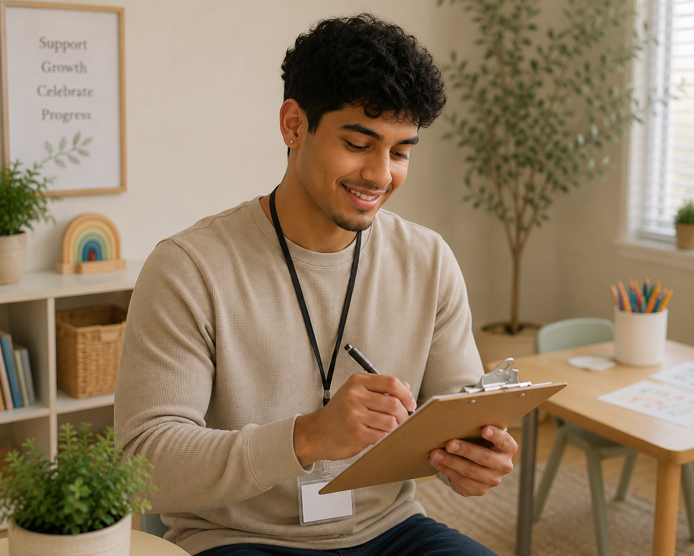 A young man with curly dark hair, wearing a beige sweater, smiling while writing on a clipboard in a bright, cozy room with plants, books, and colorful art supplies.